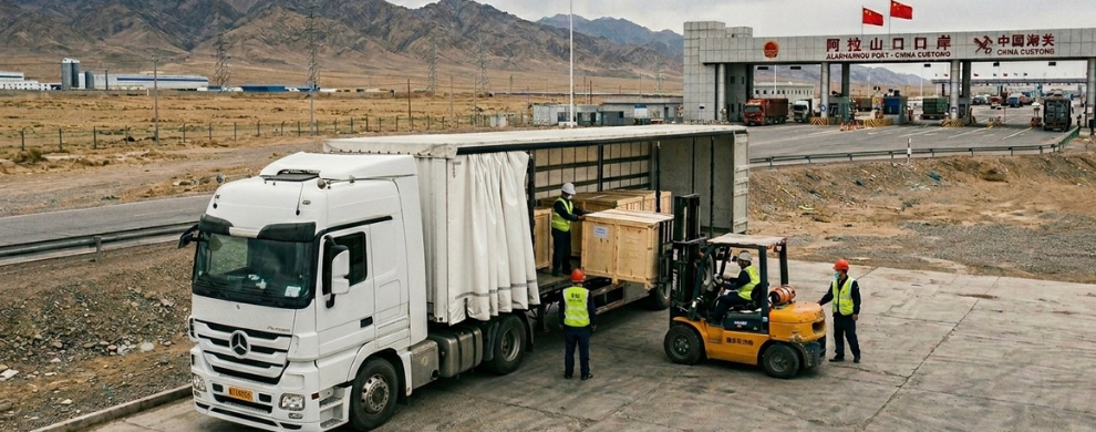 Loading cargo onto truck at China border logistics hub for international transport