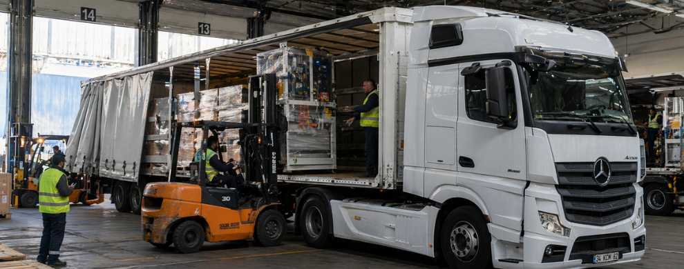 Loading cargo onto truck in Kazakhstan logistics operation