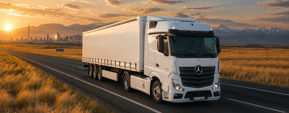 Truck transporting cargo on open road across Kazakhstan logistics corridor
