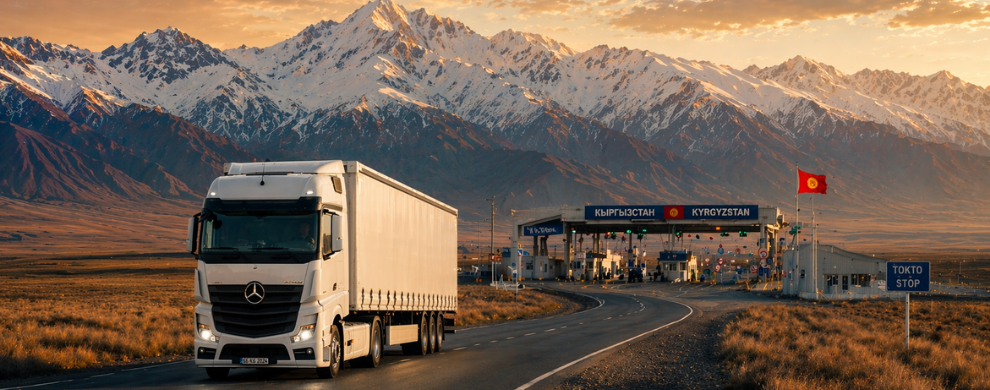 Truck crossing Kyrgyzstan border for international logistics transport