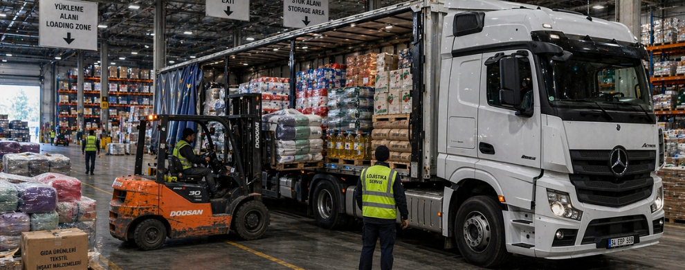 Loading cargo onto truck for shipment to Kyrgyzstan logistics route