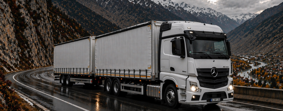 High volume 120m3 truck transporting cargo across Kyrgyzstan corridor
