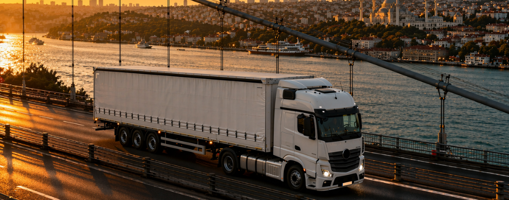 Truck crossing Bosphorus Bridge connecting Europe and Asia logistics route