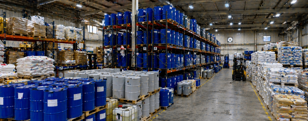 Chemical products stored safely in warehouse for logistics transport