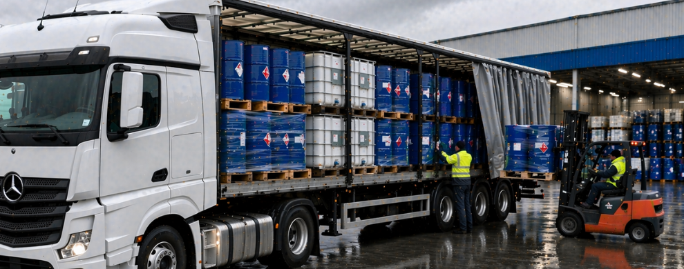 Loading chemical products onto trucks for international road transport