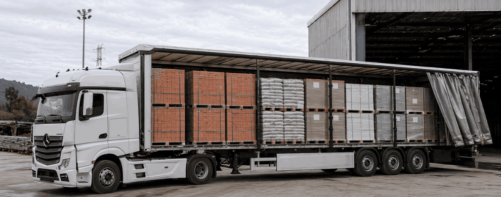 Loading construction materials onto trucks for international road transport