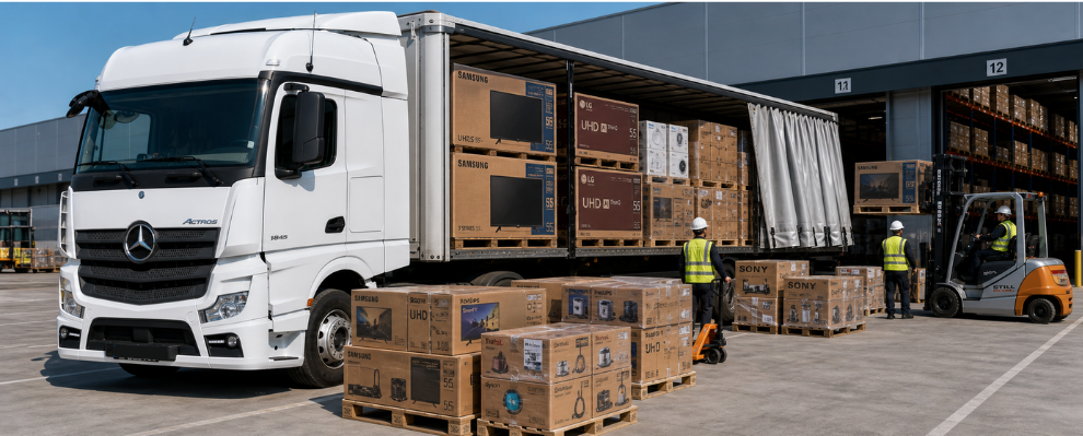 Loading electronics cargo onto truck for international road transport