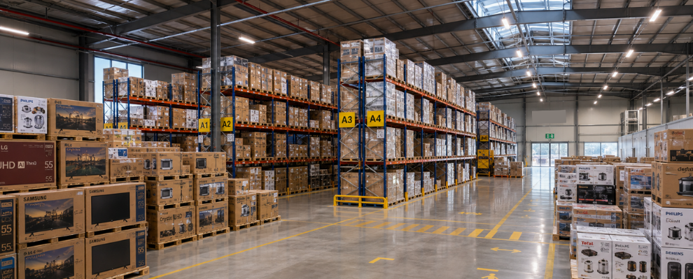 Electronics products stored safely in organized warehouse for logistics transport