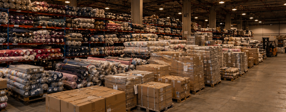 Textile products including fabric rolls and garments stored for logistics transport