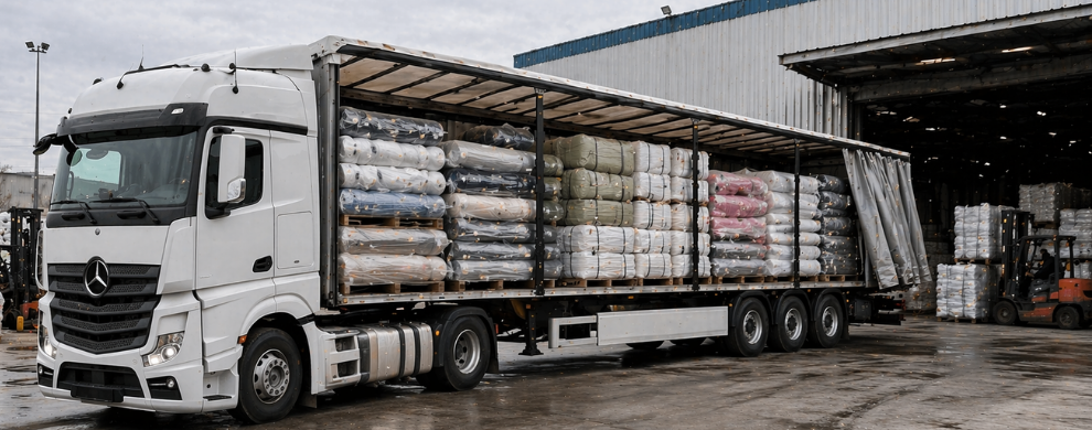Loading textile cargo including garments and fabric rolls for international transport