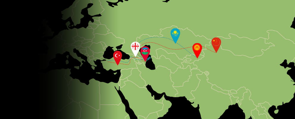 Eurasia logistics network map showing transport routes between Turkey, Central Asia and China