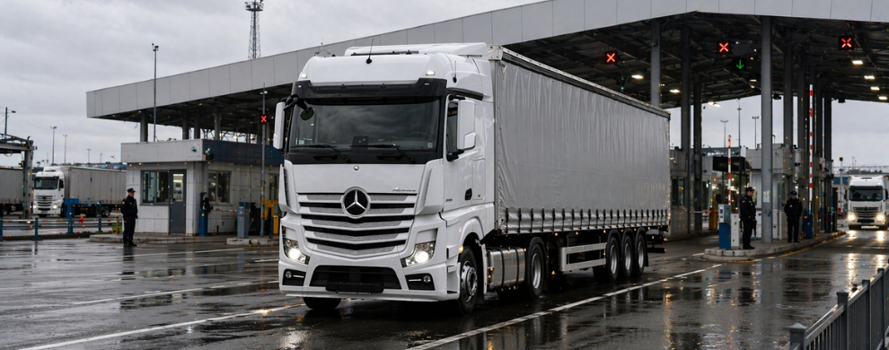 FTL truck at customs border crossing during international shipment process