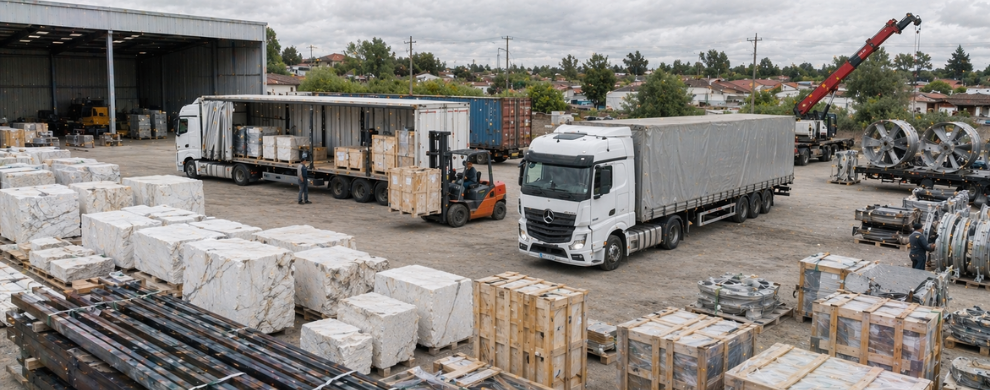 Truck loading operations in open yard storage area for logistics transport