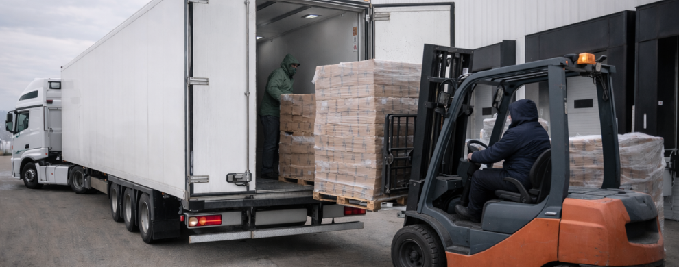 Loading temperature-sensitive goods into refrigerated truck for cold chain transport