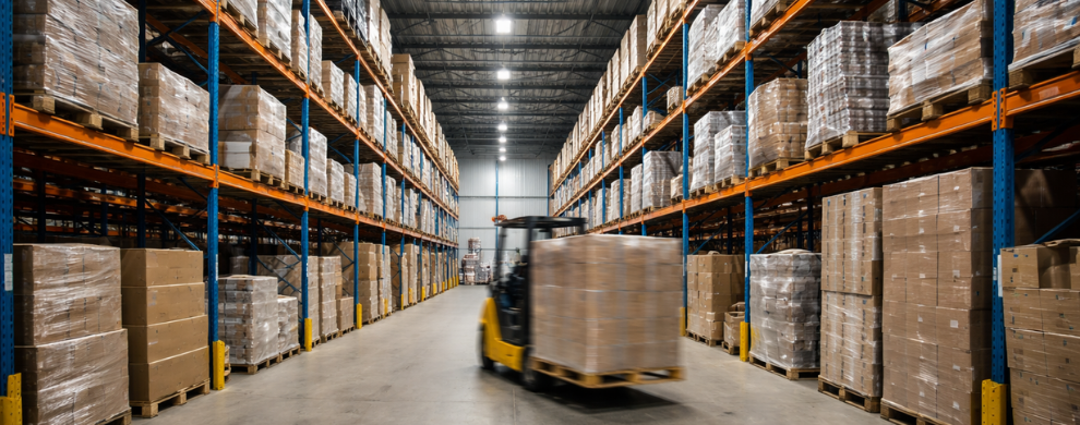Indoor warehouse storage with palletized cargo and organized logistics operations
